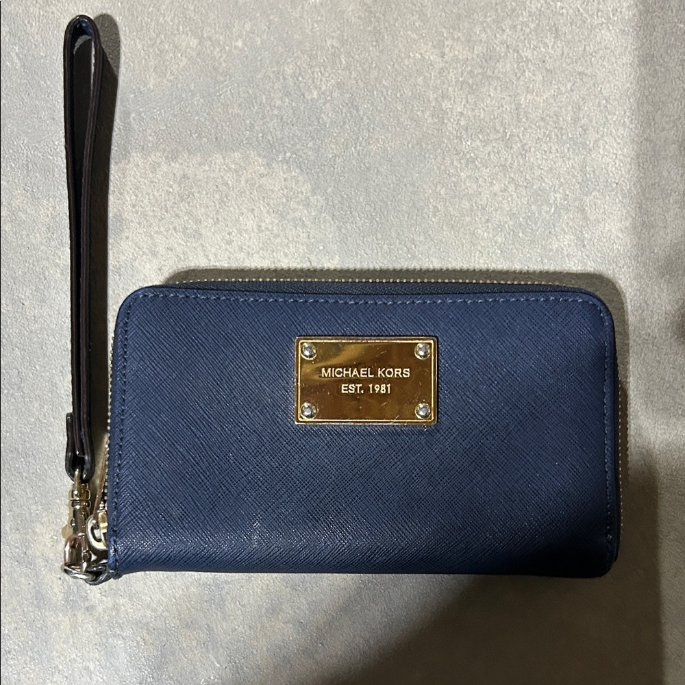 Michael Kors Dark Blue Wristlet with Gold Accents